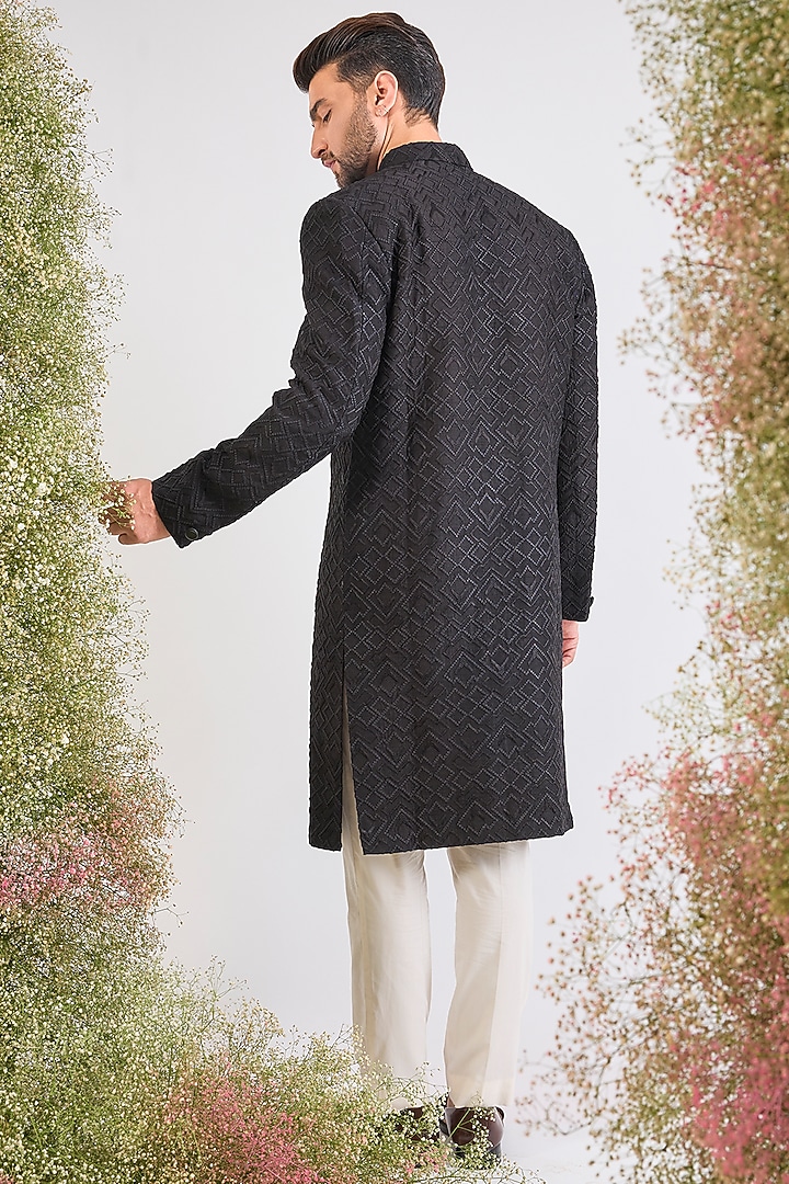 Black Silk Thread Work Wedding Sherwani by Kasbah Clothing at Pernia's Pop Up Shop