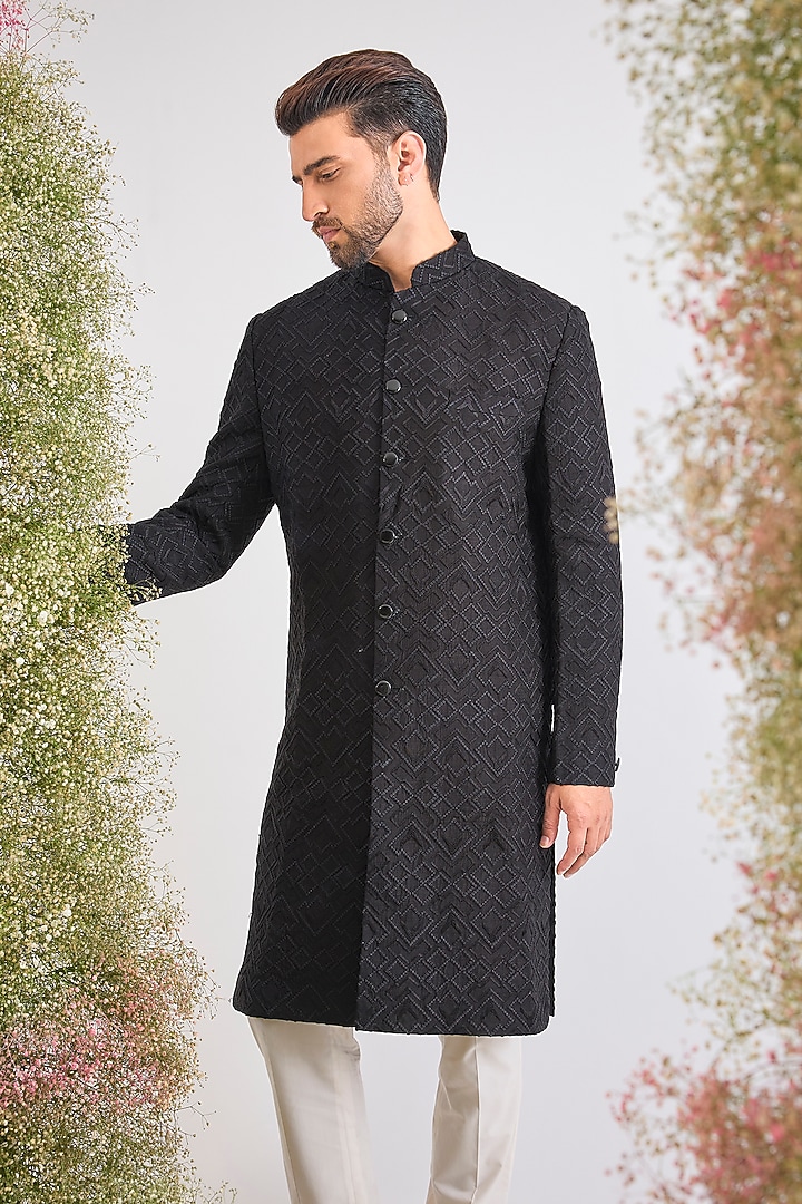 Black Silk Thread Work Wedding Sherwani by Kasbah Clothing at Pernia's Pop Up Shop
