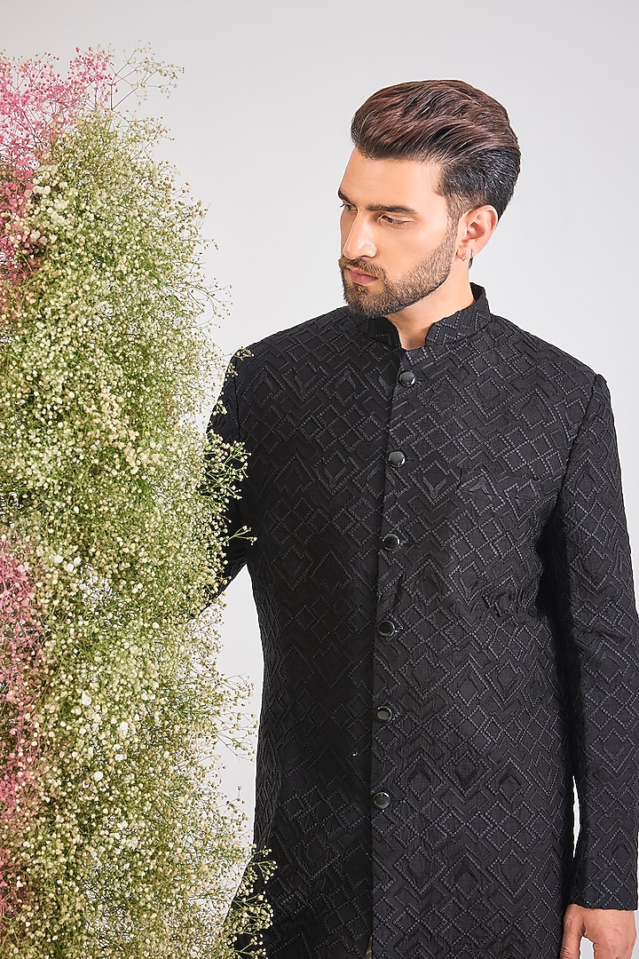 Black Silk Thread Work Wedding Sherwani by Kasbah Clothing at Pernia's Pop Up Shop