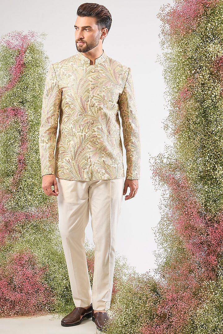 Multi-Colored Silk Zari Floral Embroidered Wedding Bandhgala by Kasbah Clothing at Pernia's Pop Up Shop