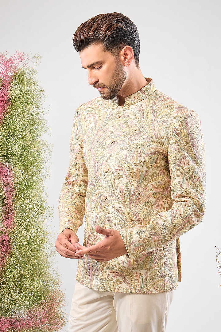 Multi-Colored Silk Zari Floral Embroidered Wedding Bandhgala by Kasbah Clothing at Pernia's Pop Up Shop