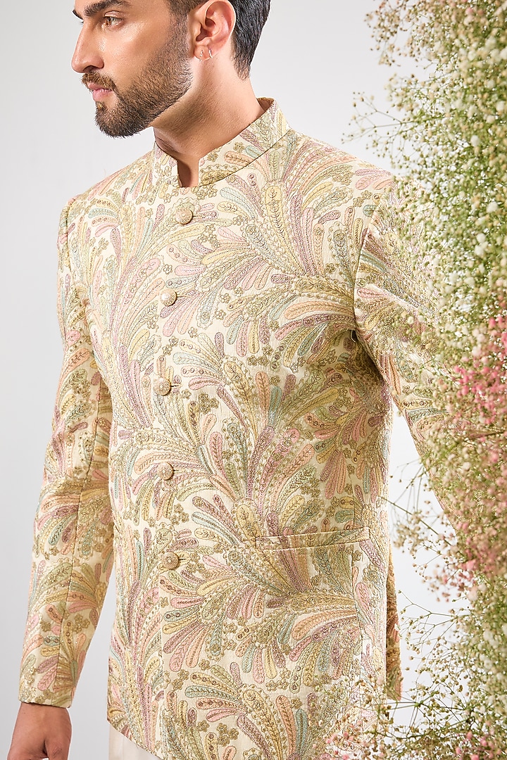 Multi-Colored Silk Zari Floral Embroidered Wedding Bandhgala by Kasbah Clothing at Pernia's Pop Up Shop