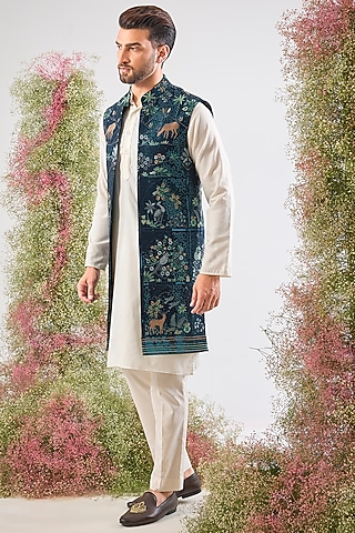 Blue Georgette Sequin Work Long Open Jacket by Kasbah Clothing