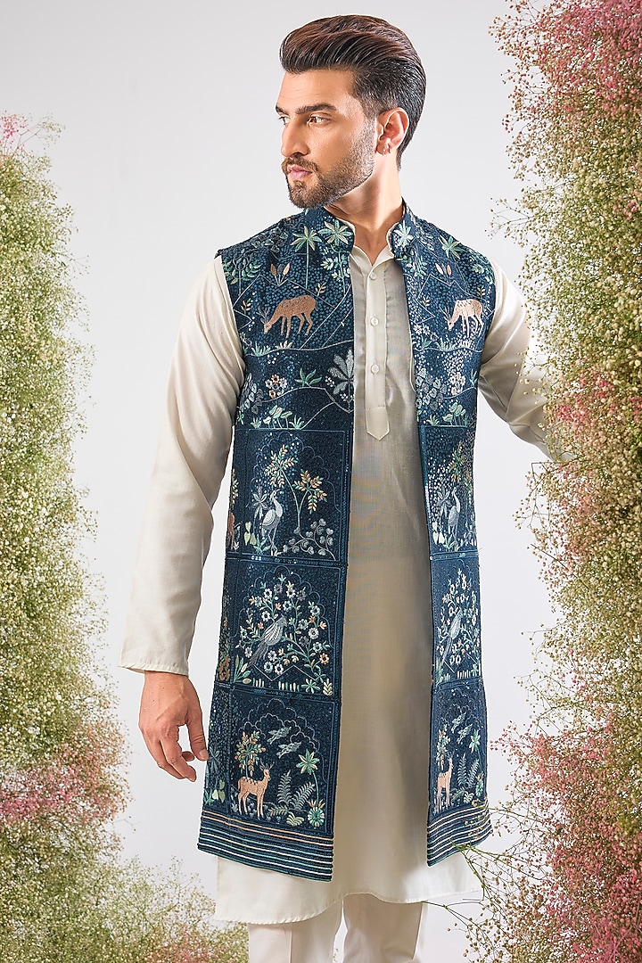 Blue Georgette Sequin Work Long Open Jacket by Kasbah Clothing at Pernia's Pop Up Shop