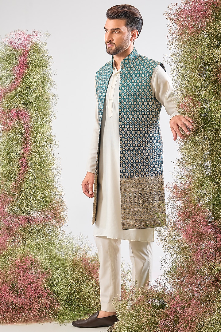 Blue Ombre Georgette Zari Work Long Open Jacket by Kasbah Clothing at Pernia's Pop Up Shop