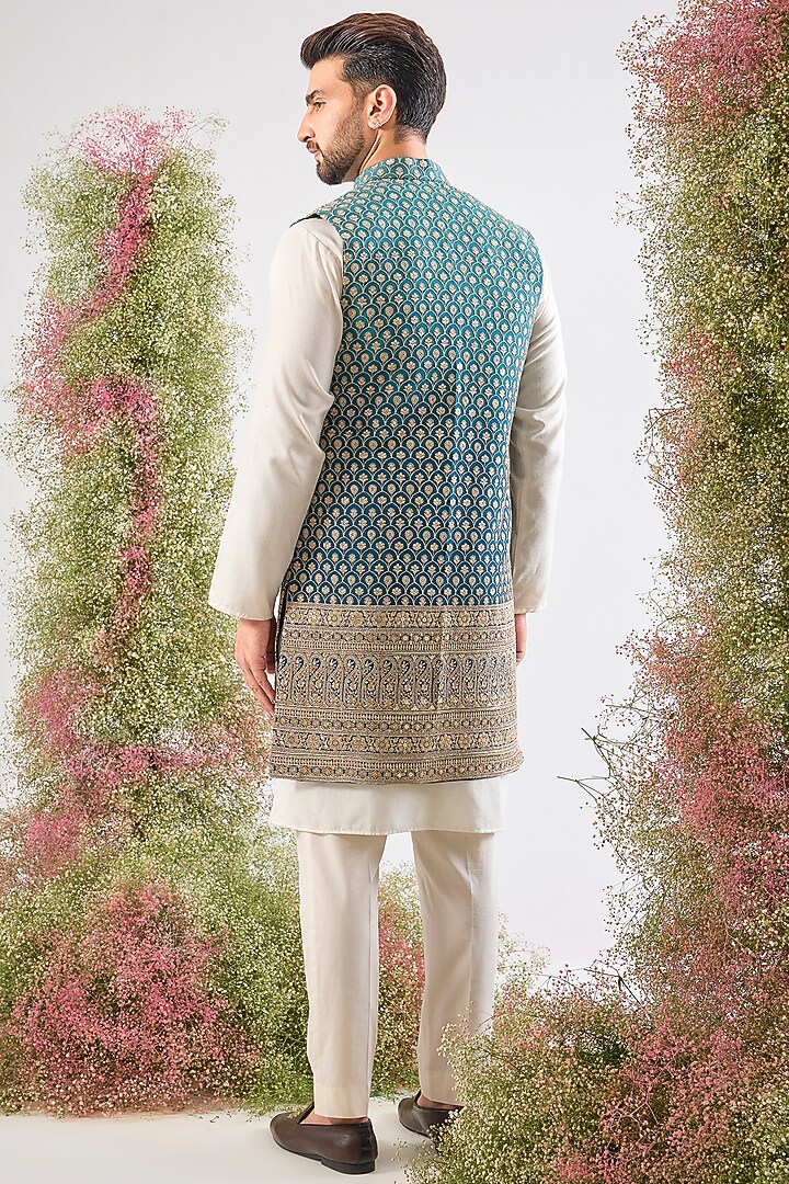 Blue Ombre Georgette Zari Work Long Open Jacket by Kasbah Clothing at Pernia's Pop Up Shop