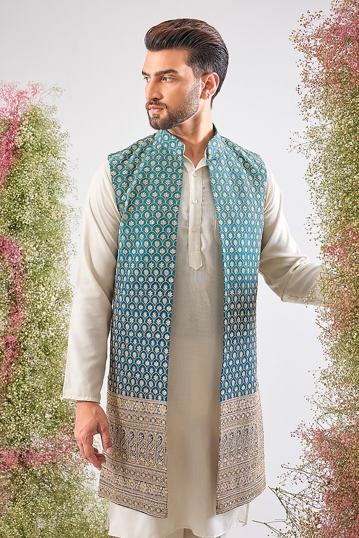Blue Ombre Georgette Zari Work Long Open Jacket by Kasbah Clothing at Pernia's Pop Up Shop