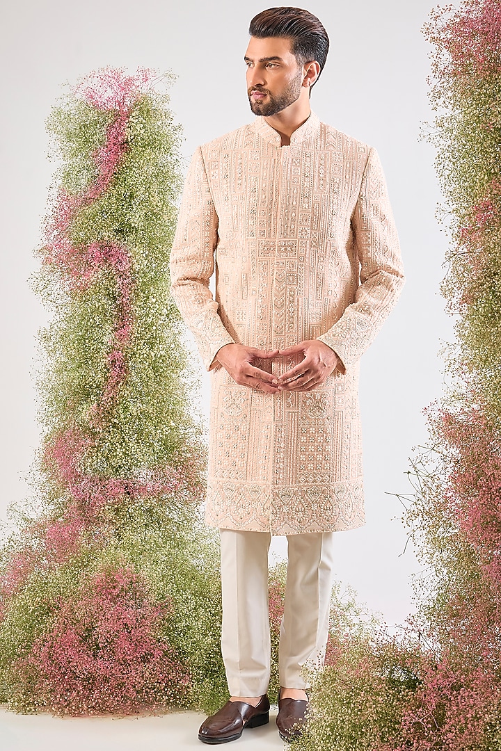 Pink Georgette Cutdana Embroidered Wedding Sherwani by Kasbah Clothing at Pernia's Pop Up Shop