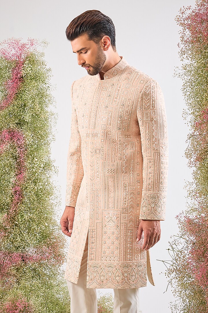 Pink Georgette Cutdana Embroidered Wedding Sherwani by Kasbah Clothing at Pernia's Pop Up Shop