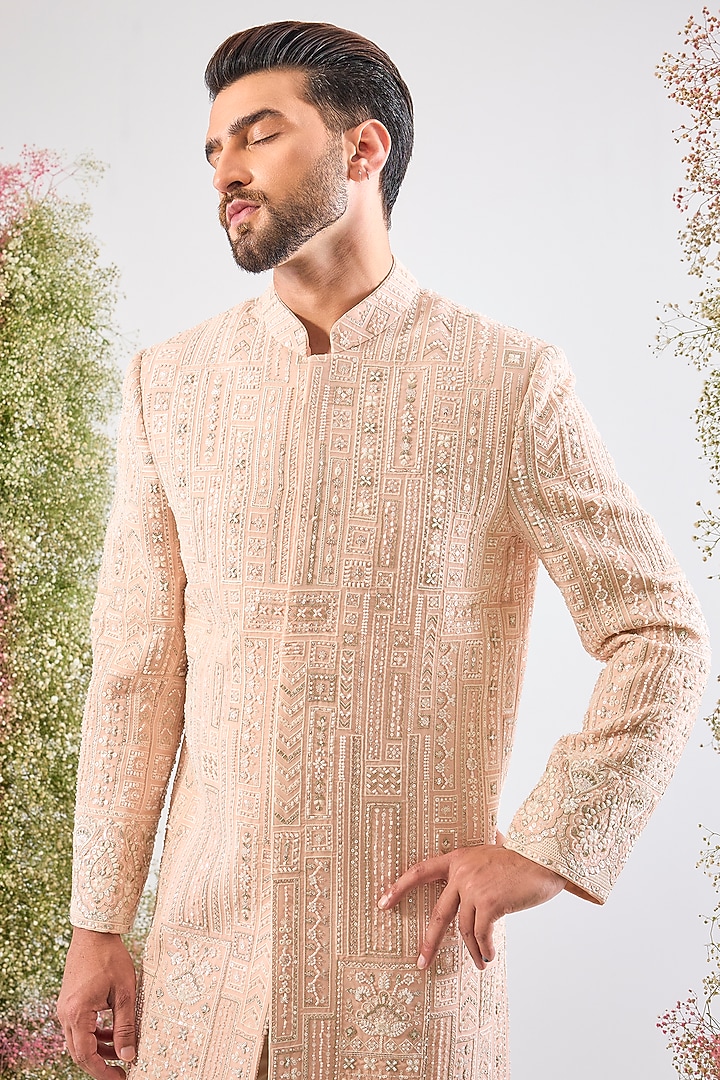 Pink Georgette Cutdana Embroidered Wedding Sherwani by Kasbah Clothing at Pernia's Pop Up Shop