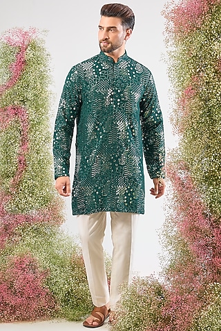 Bottle Green Silk Mirror & Sequin Work Short Kurta by Kasbah Clothing