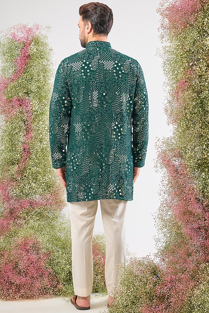 Bottle Green Silk Mirror & Sequin Work Short Kurta by Kasbah Clothing at Pernia's Pop Up Shop