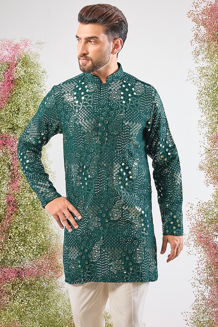 Bottle Green Silk Mirror & Sequin Work Short Kurta by Kasbah Clothing at Pernia's Pop Up Shop