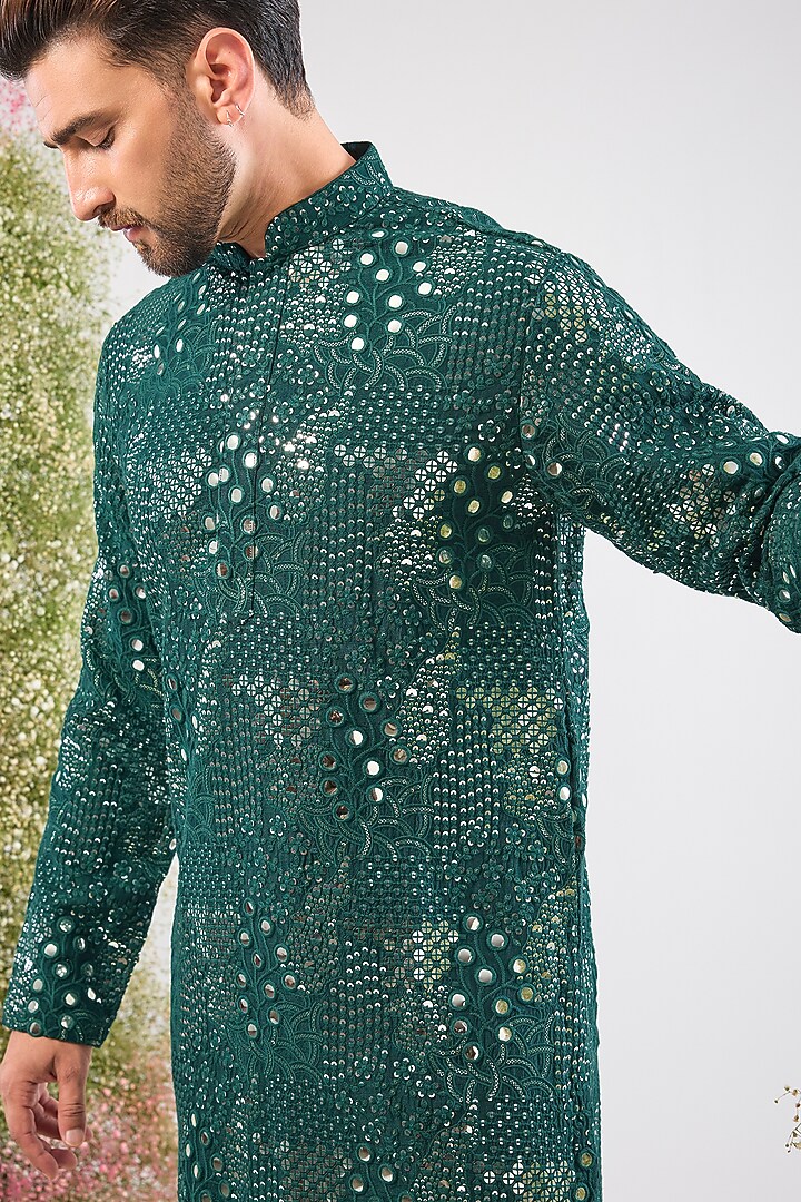 Bottle Green Silk Mirror & Sequin Work Short Kurta by Kasbah Clothing at Pernia's Pop Up Shop