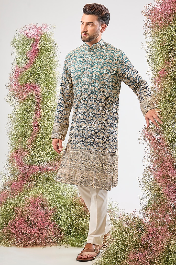 Blue Georgette Zari Sequin Work Kurta by Kasbah Clothing at Pernia's Pop Up Shop