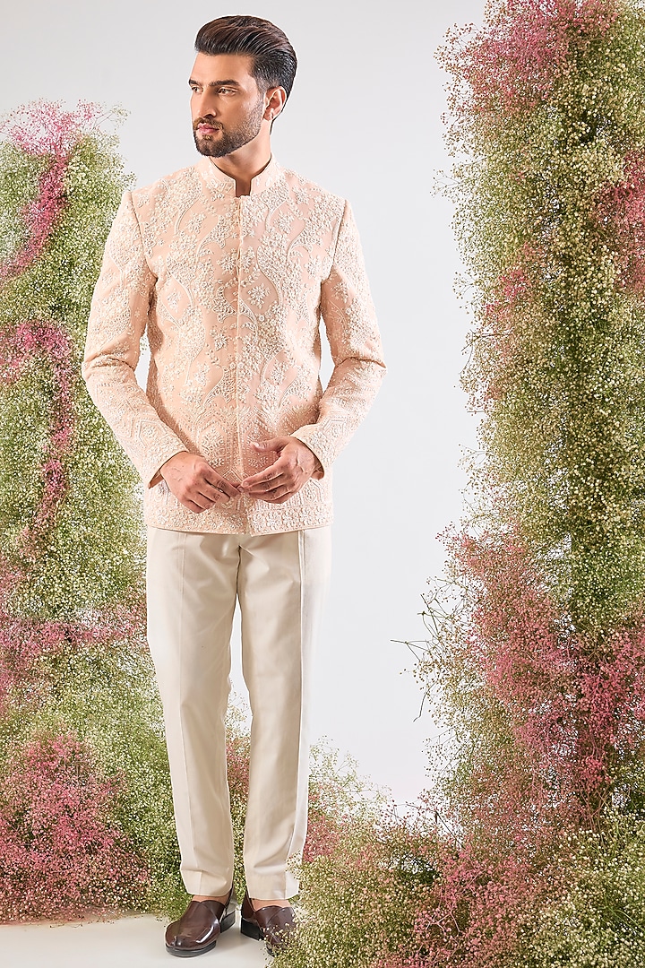 Pink Georgette Floral Hand Embroidered Wedding Bandhgala by Kasbah Clothing at Pernia's Pop Up Shop