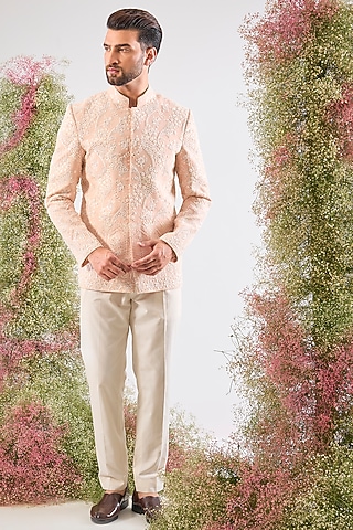 Pink Georgette Floral Hand Embroidered Bandhgala by Kasbah Clothing