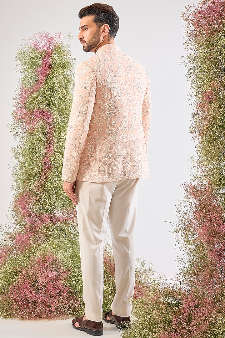 Pink Georgette Floral Hand Embroidered Wedding Bandhgala by Kasbah Clothing at Pernia's Pop Up Shop