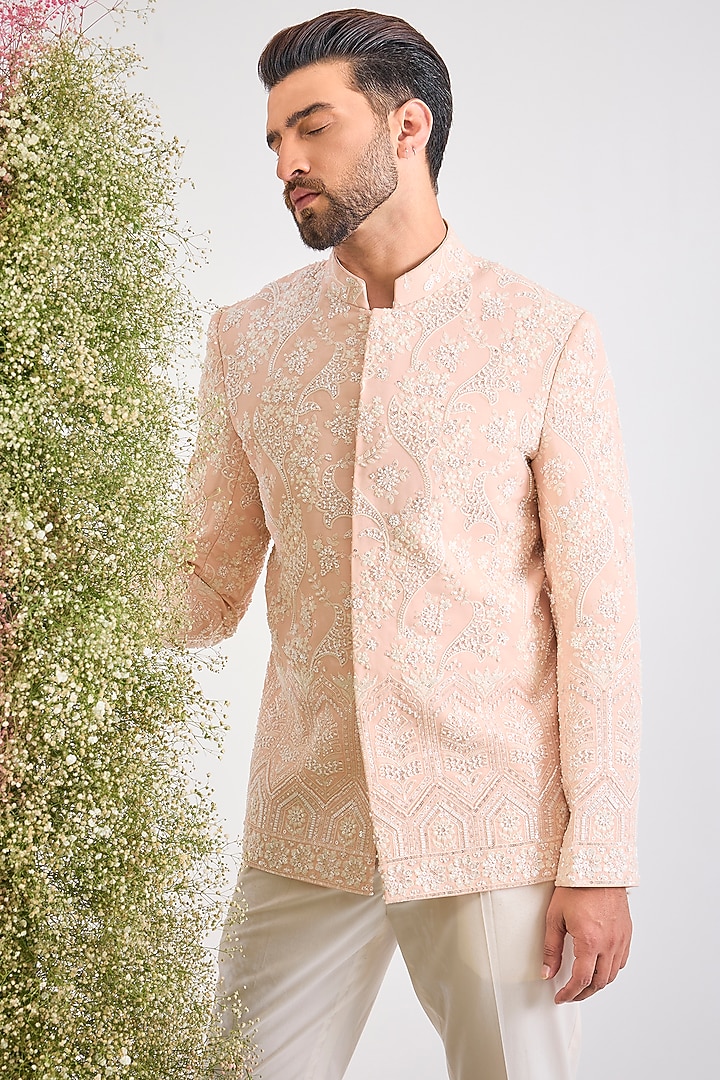 Pink Georgette Floral Hand Embroidered Wedding Bandhgala by Kasbah Clothing at Pernia's Pop Up Shop
