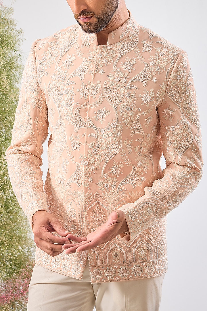 Pink Georgette Floral Hand Embroidered Wedding Bandhgala by Kasbah Clothing at Pernia's Pop Up Shop
