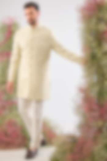 Beige Cream Thread Work Short Wedding Sherwani by Kasbah Clothing at Pernia's Pop Up Shop