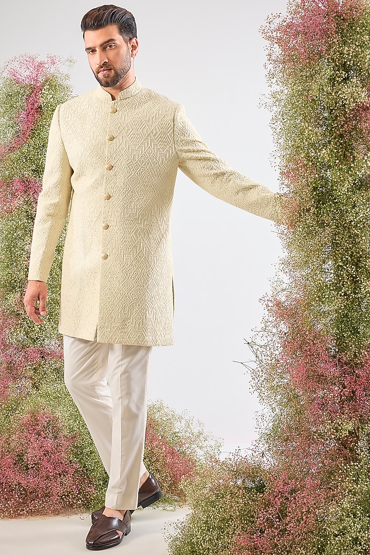 Beige Cream Thread Work Short Wedding Sherwani by Kasbah Clothing at Pernia's Pop Up Shop