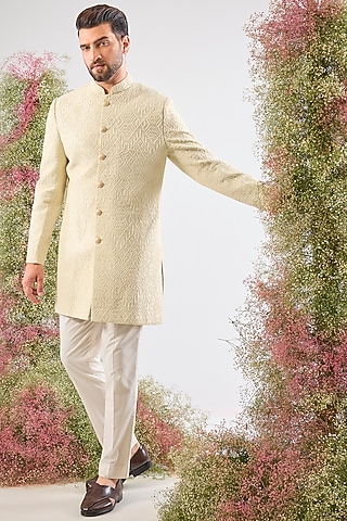 Beige Cream Thread Work Short Sherwani by Kasbah Clothing
