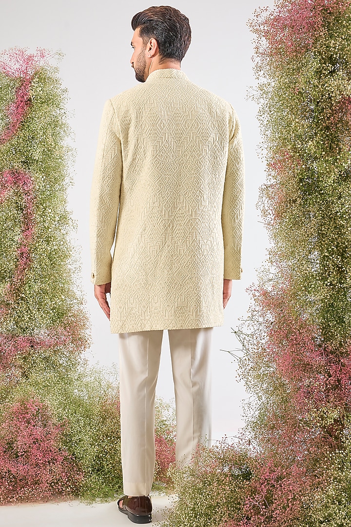 Beige Cream Thread Work Short Wedding Sherwani by Kasbah Clothing at Pernia's Pop Up Shop