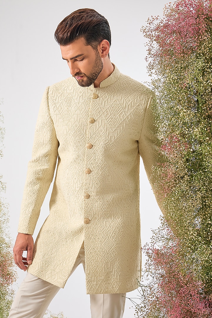 Beige Cream Thread Work Short Wedding Sherwani by Kasbah Clothing at Pernia's Pop Up Shop