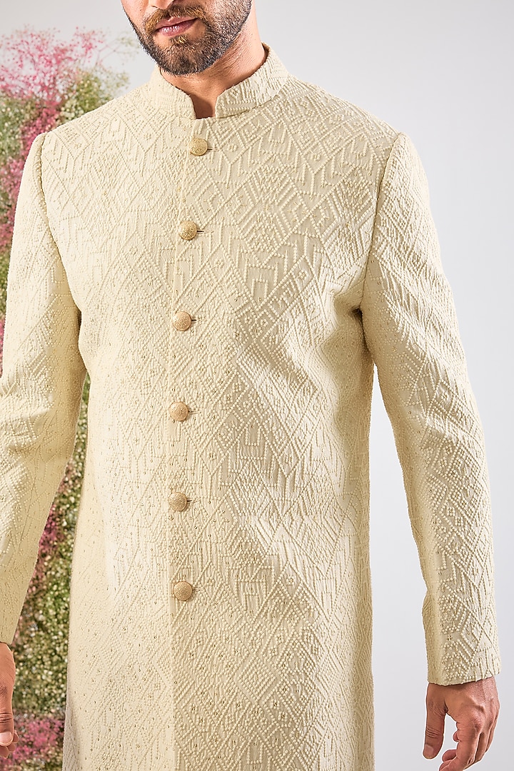 Beige Cream Thread Work Short Wedding Sherwani by Kasbah Clothing at Pernia's Pop Up Shop