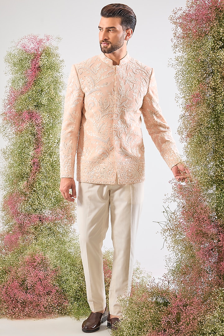 Pink Georgette Hand Embroidered Wedding Bandhgala by Kasbah Clothing at Pernia's Pop Up Shop