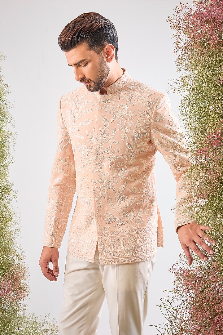 Pink Georgette Hand Embroidered Wedding Bandhgala by Kasbah Clothing at Pernia's Pop Up Shop