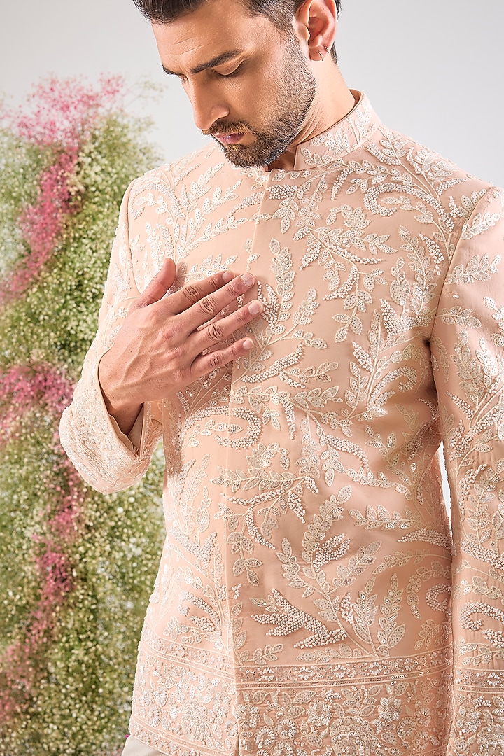 Pink Georgette Hand Embroidered Wedding Bandhgala by Kasbah Clothing at Pernia's Pop Up Shop