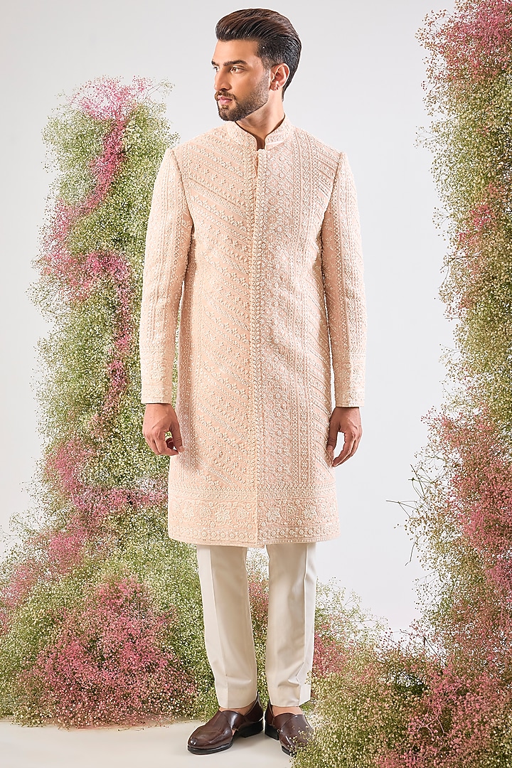 Pink Georgette Thread Work Wedding Sherwani by Kasbah Clothing at Pernia's Pop Up Shop