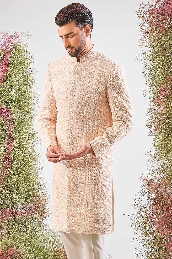 Pink Georgette Thread Work Wedding Sherwani by Kasbah Clothing at Pernia's Pop Up Shop