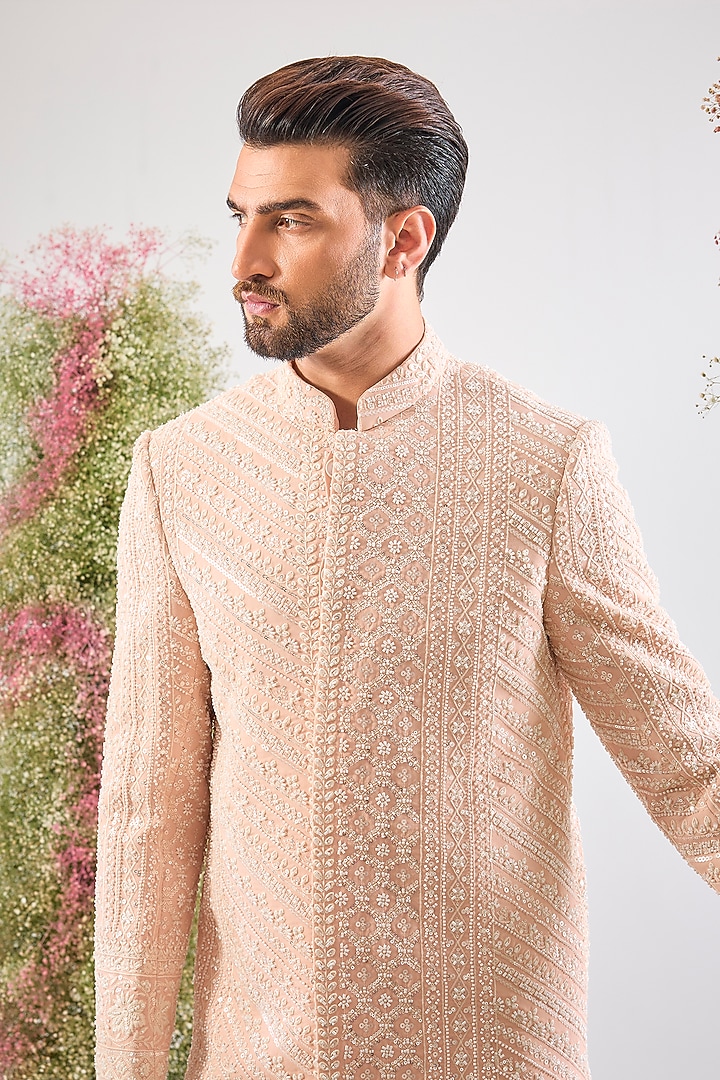 Pink Georgette Thread Work Wedding Sherwani by Kasbah Clothing at Pernia's Pop Up Shop