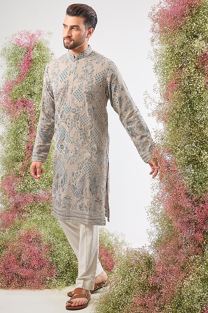 Nude Georgette Thread Embroidered Kurta by Kasbah Clothing at Pernia's Pop Up Shop