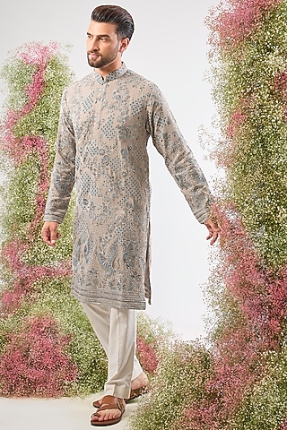 Nude Georgette Thread Embroidered Kurta by Kasbah Clothing