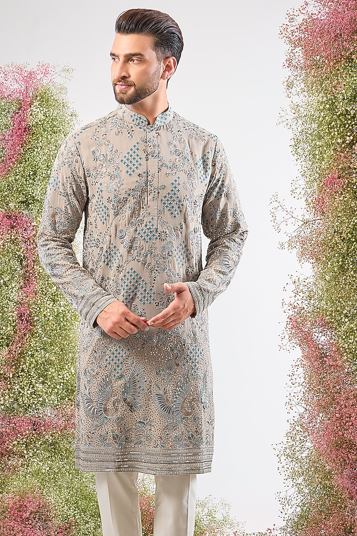 Nude Georgette Thread Embroidered Kurta by Kasbah Clothing at Pernia's Pop Up Shop