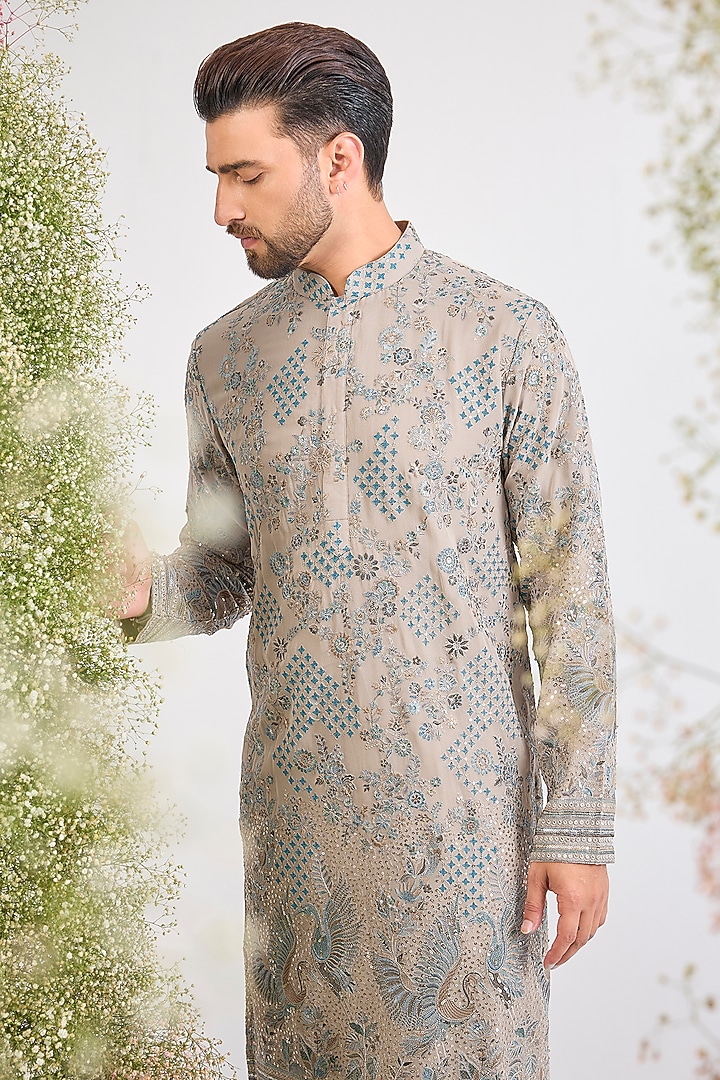 Nude Georgette Thread Embroidered Kurta by Kasbah Clothing at Pernia's Pop Up Shop