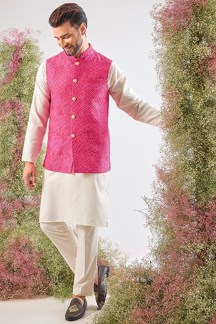 Hot Pink Silk Thread Work Nehru Jacket by Kasbah Clothing at Pernia's Pop Up Shop