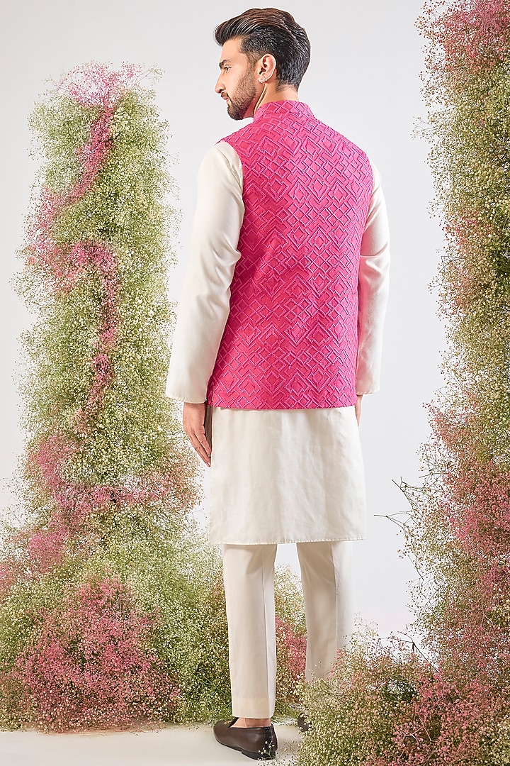 Hot Pink Silk Thread Work Nehru Jacket by Kasbah Clothing at Pernia's Pop Up Shop