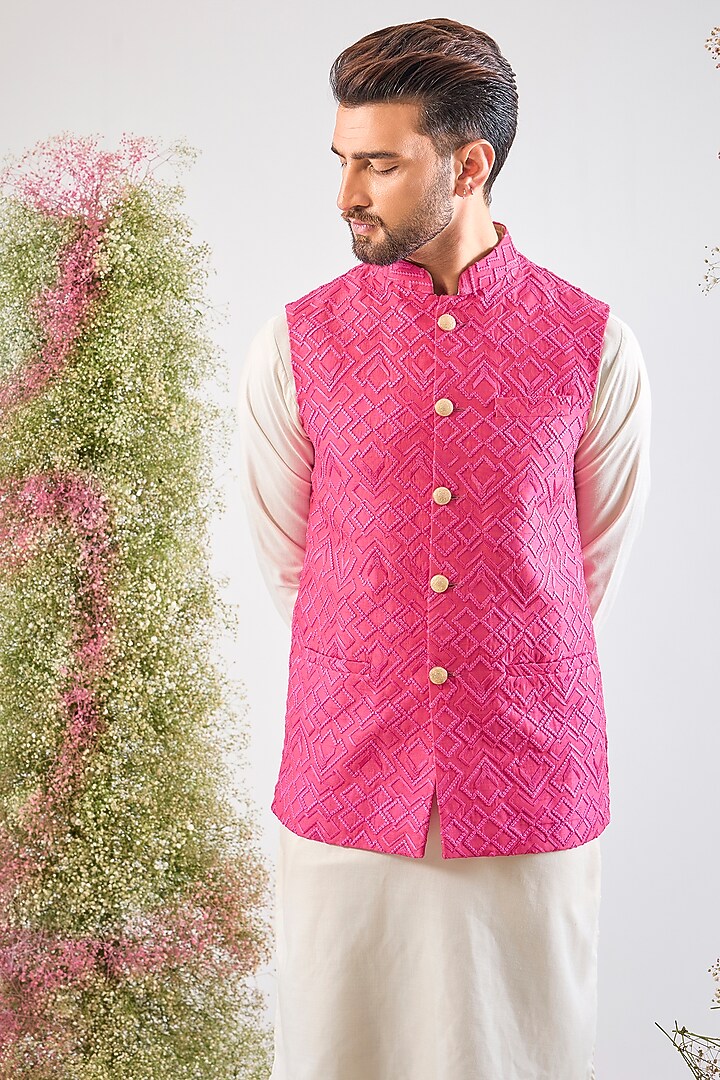 Hot Pink Silk Thread Work Nehru Jacket by Kasbah Clothing at Pernia's Pop Up Shop