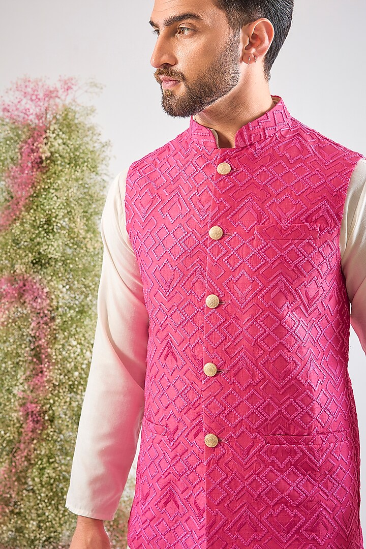 Hot Pink Silk Thread Work Nehru Jacket by Kasbah Clothing at Pernia's Pop Up Shop
