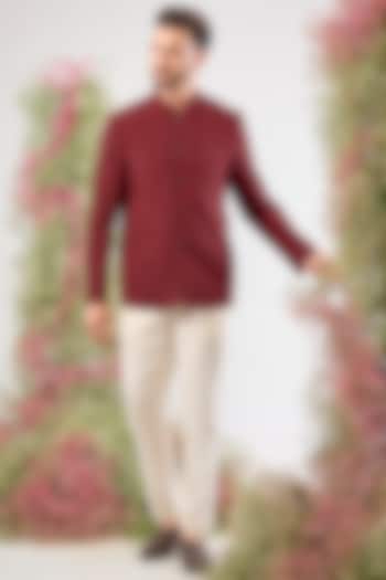 Maroon Silk Dori Work Wedding Bandhgala by Kasbah Clothing at Pernia's Pop Up Shop