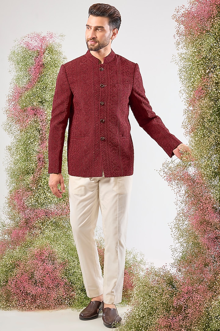 Maroon Silk Dori Work Wedding Bandhgala by Kasbah Clothing at Pernia's Pop Up Shop