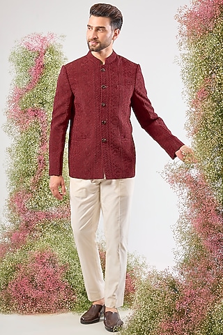 Maroon Silk Dori Work Bandhgala by Kasbah Clothing