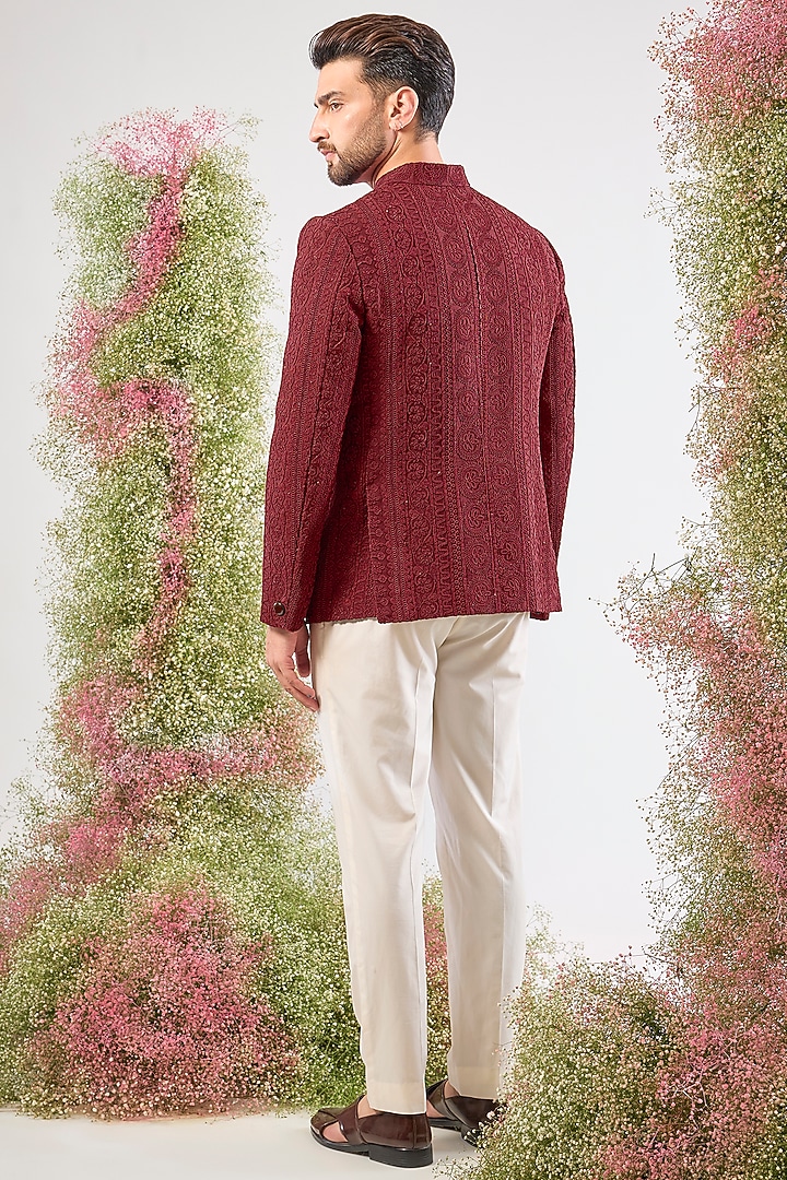 Maroon Silk Dori Work Wedding Bandhgala by Kasbah Clothing at Pernia's Pop Up Shop