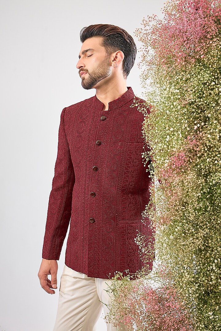 Maroon Silk Dori Work Wedding Bandhgala by Kasbah Clothing at Pernia's Pop Up Shop