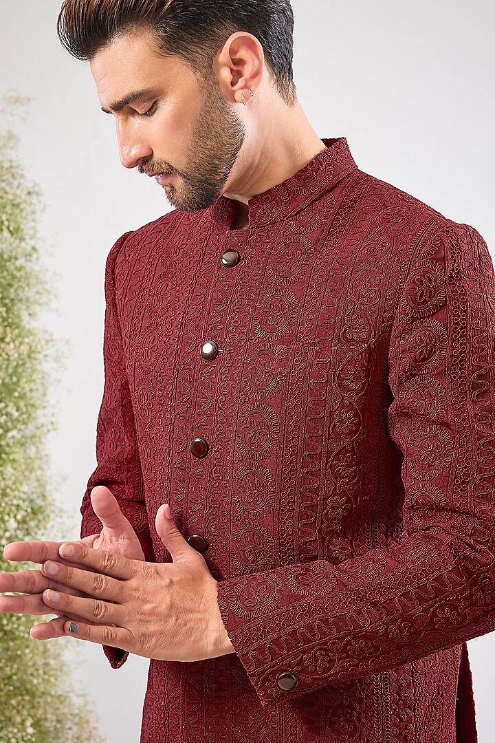 Maroon Silk Dori Work Wedding Bandhgala by Kasbah Clothing at Pernia's Pop Up Shop